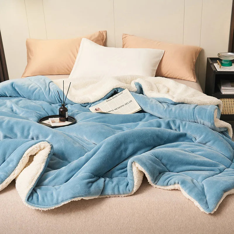 Double Layer Thickened Lamb Plush Blanket Plush Fleece Plaids for Bed Sofa Warm Mantas Throw Blankets Blue 180x200cm 