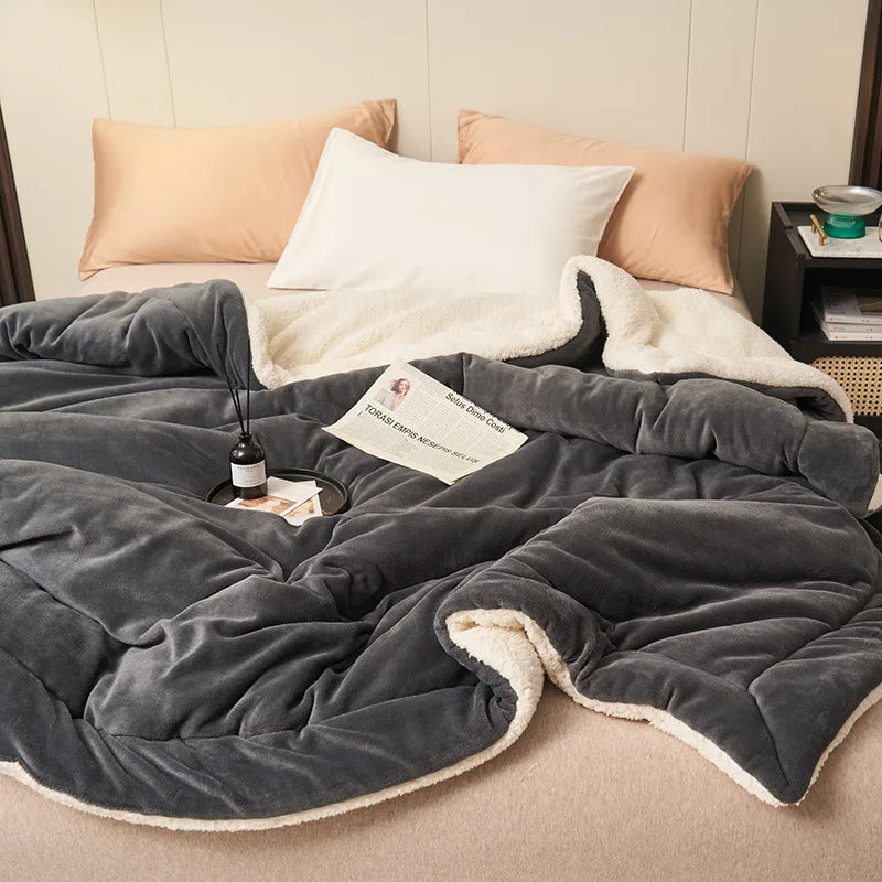 Double Layer Thickened Lamb Plush Blanket Plush Fleece Plaids for Bed Sofa Warm Mantas Throw Blankets Grey 180x200cm 
