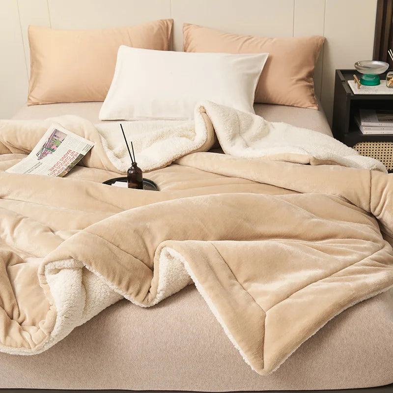 Double Layer Thickened Lamb Plush Blanket Plush Fleece Plaids for Bed Sofa Warm Mantas Throw Blankets Khaki 100x120cm 