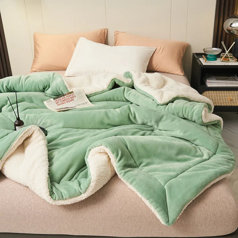 Double Layer Thickened Lamb Plush Blanket Plush Fleece Plaids for Bed Sofa Warm Mantas Throw Blankets Light green 180x200cm 