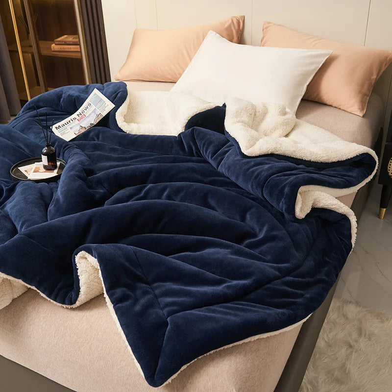 Double Layer Thickened Lamb Plush Blanket Plush Fleece Plaids for Bed Sofa Warm Mantas Throw Blankets Navy 180x200cm 