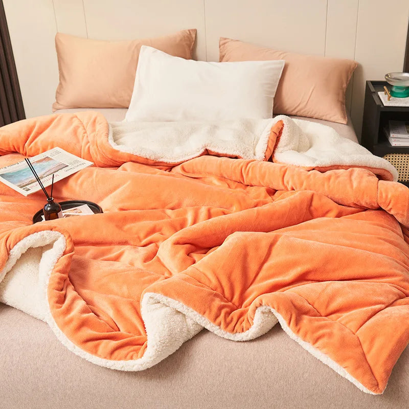 Double Layer Thickened Lamb Plush Blanket Plush Fleece Plaids for Bed Sofa Warm Mantas Throw Blankets Orange 180x200cm 