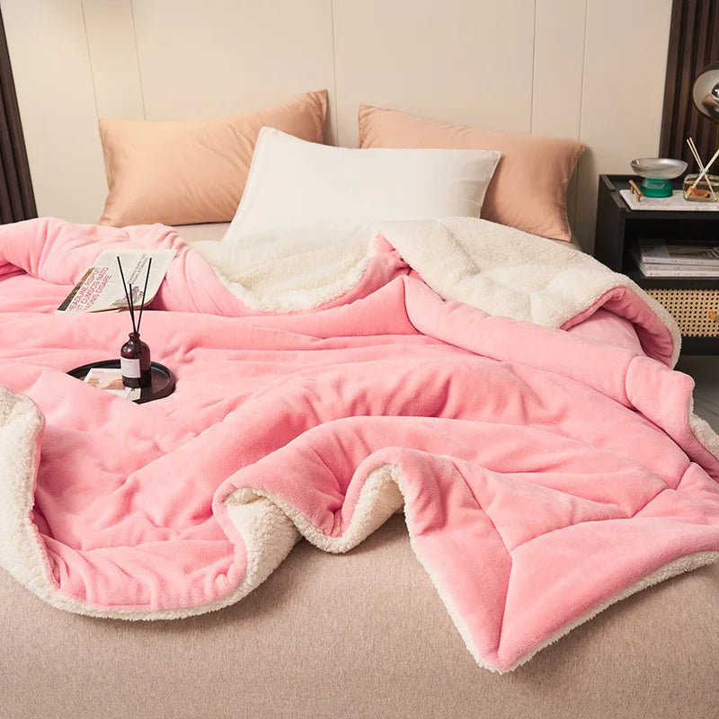 Double Layer Thickened Lamb Plush Blanket Plush Fleece Plaids for Bed Sofa Warm Mantas Throw Blankets Pink 180x200cm 