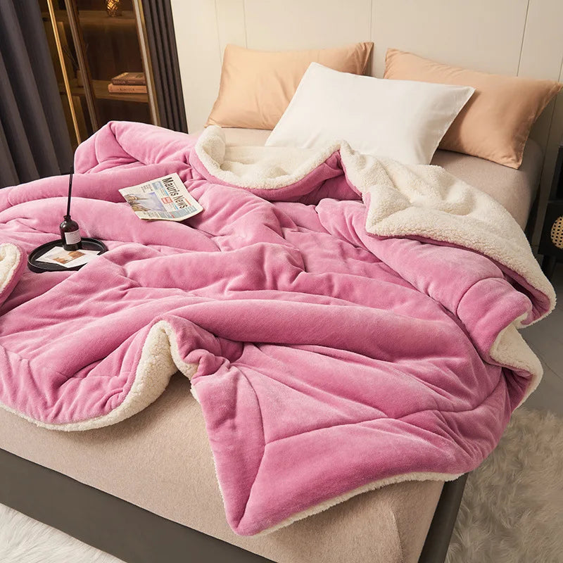 Double Layer Thickened Lamb Plush Blanket Plush Fleece Plaids for Bed Sofa Warm Mantas Throw Blankets Rose pink 180x200cm 