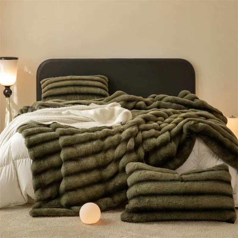 Double layer Thickened winter Blanket Faux fur plush bed plaid super soft Sofa Blankets Microfiber blanket Bedspread on the bed Olive Green 200x230cm 