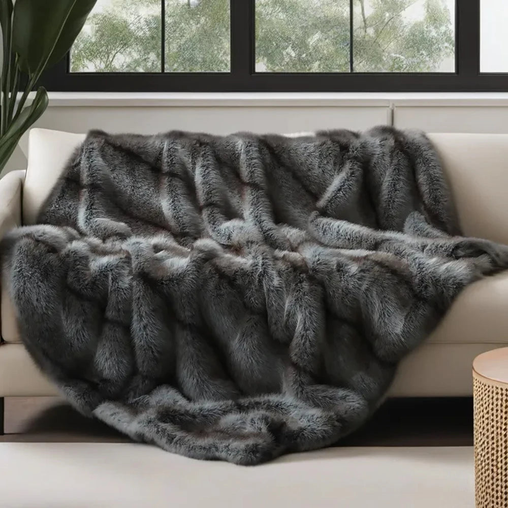 Luxury Faux Fur Blanket High-end Bed Fox Fur Blankets For Beds Plaid on The Sofa Cover Decoration Home Blankets And Throws GREY 150cmx127cm 