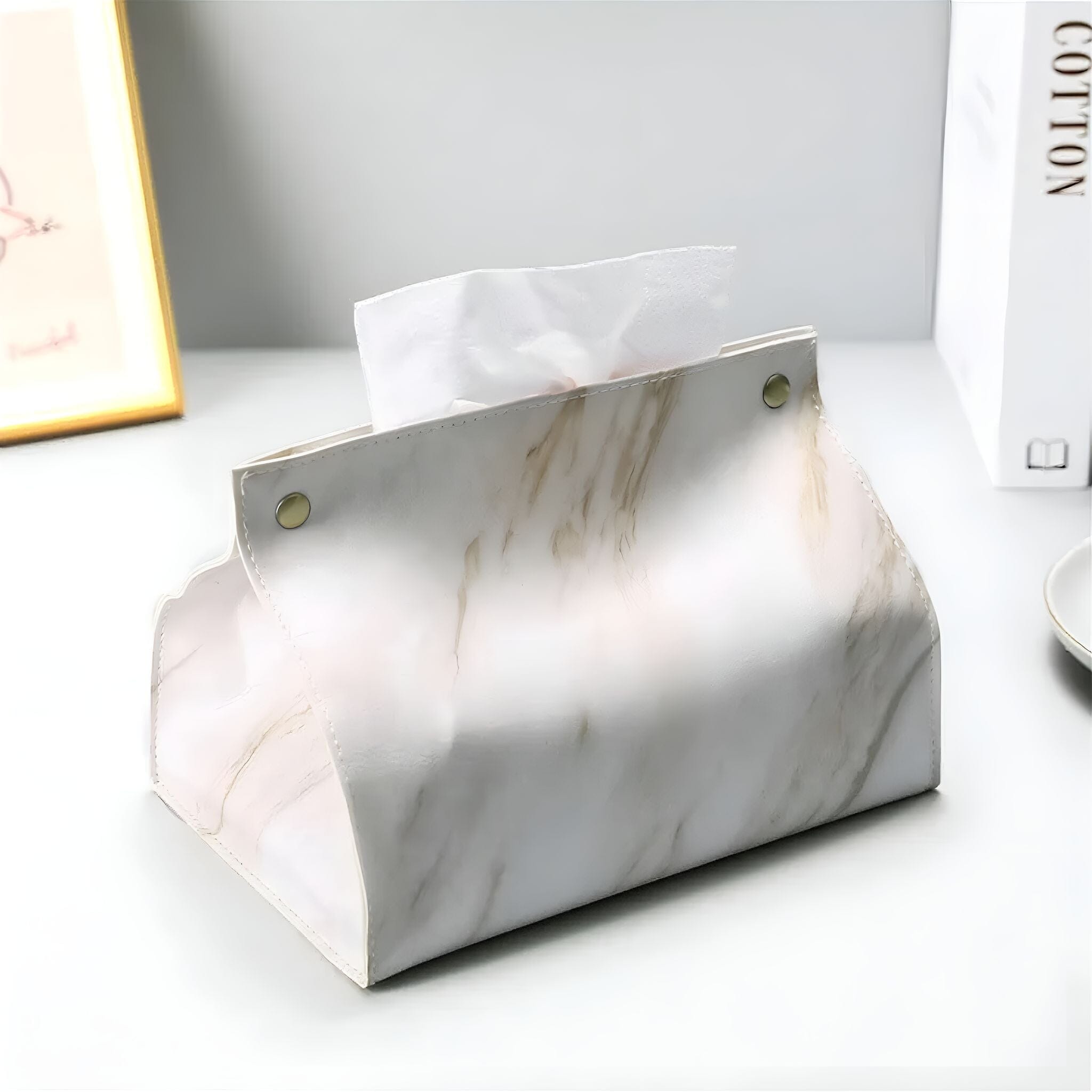 Marble Luxe Tissue Box Cover White + Tan 